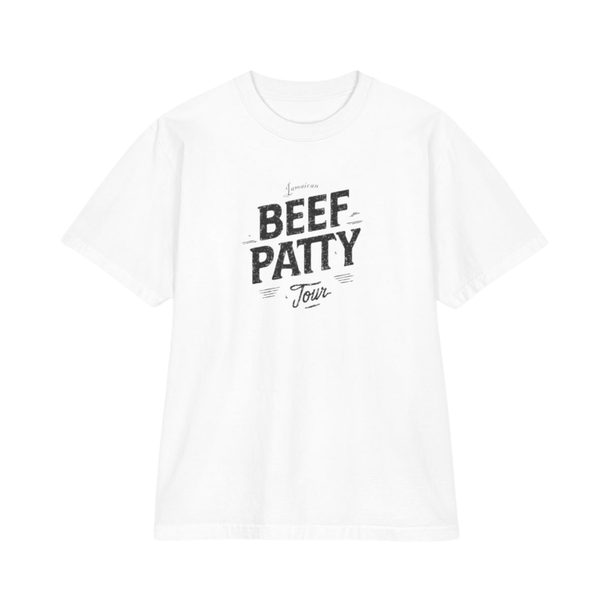 White Jamaican Beef Patty Tour heavyweight tee